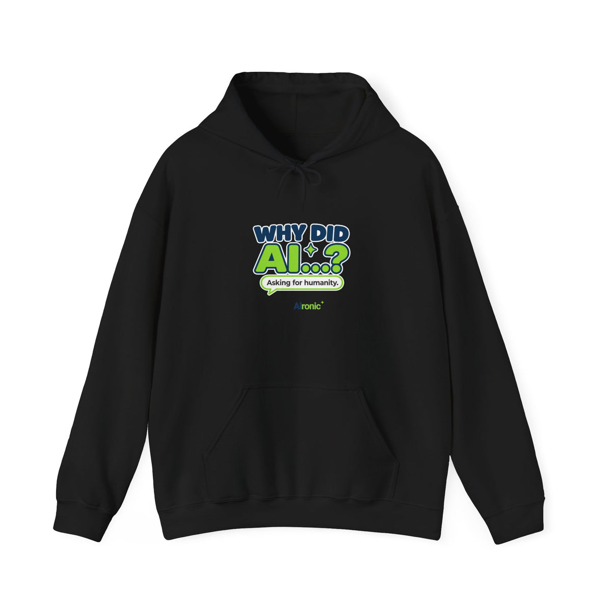 Black hoodie featuring “Why did AI...?” AI humor design by AIronic, catalog view 1