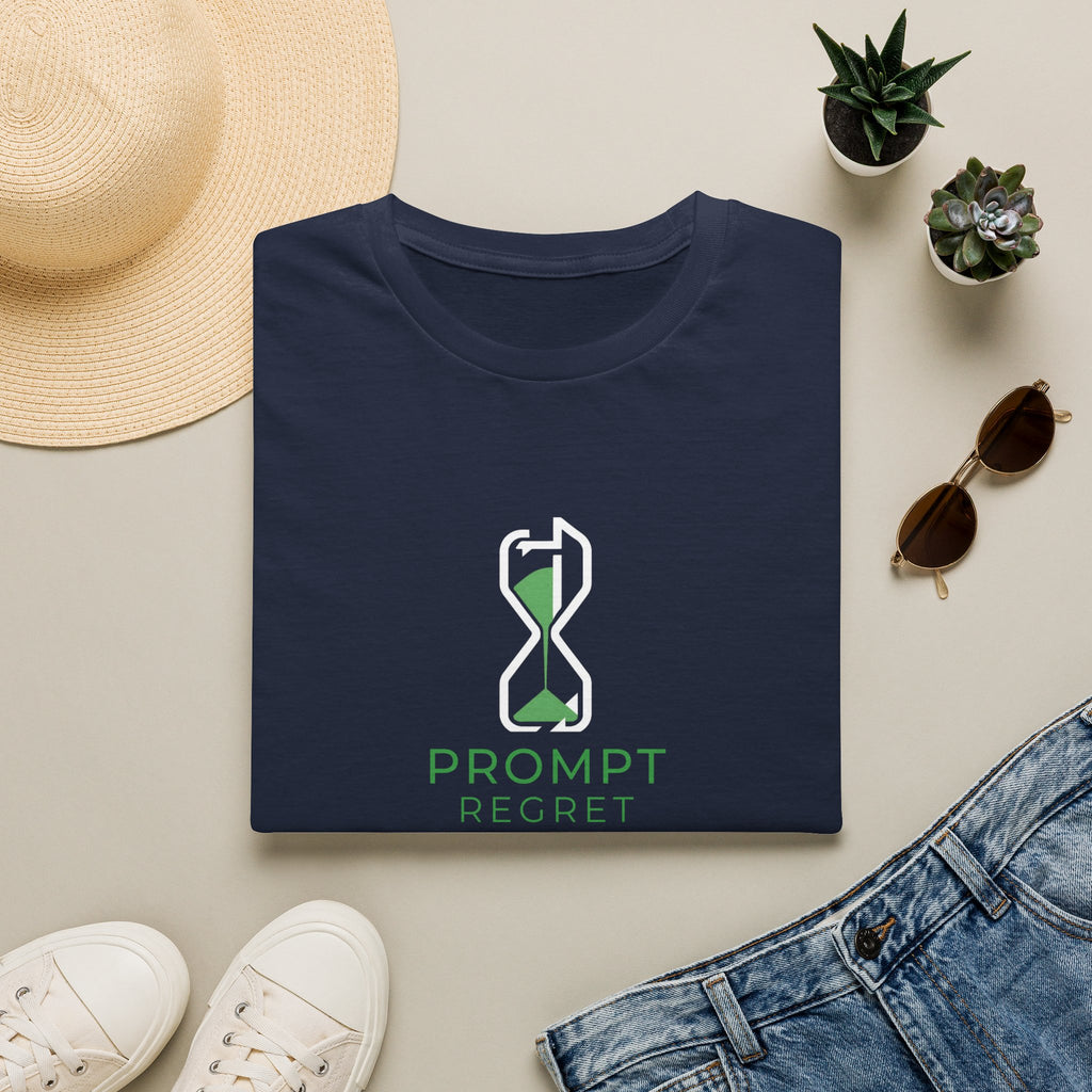 Navy T-Shirt featuring "Prompt Regret Hourglass" AI humor design by AIronic, gallery view 6