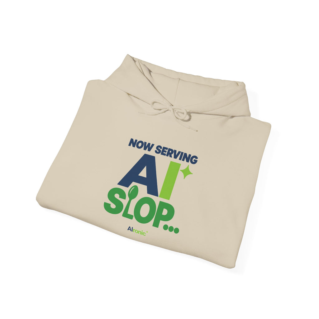 AIronic hoodie featuring "Now Serving AI Slop" AI humor design, gallery view 20