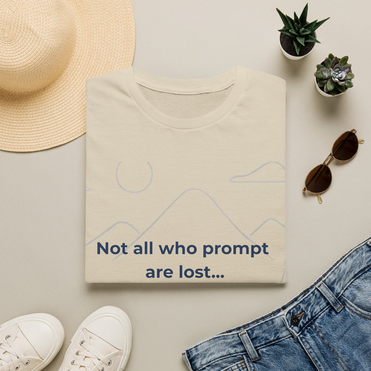 Sand T-Shirt featuring "Not All Who Prompt Are Lost Scenic" AI humor design by AIronic, gallery view 3