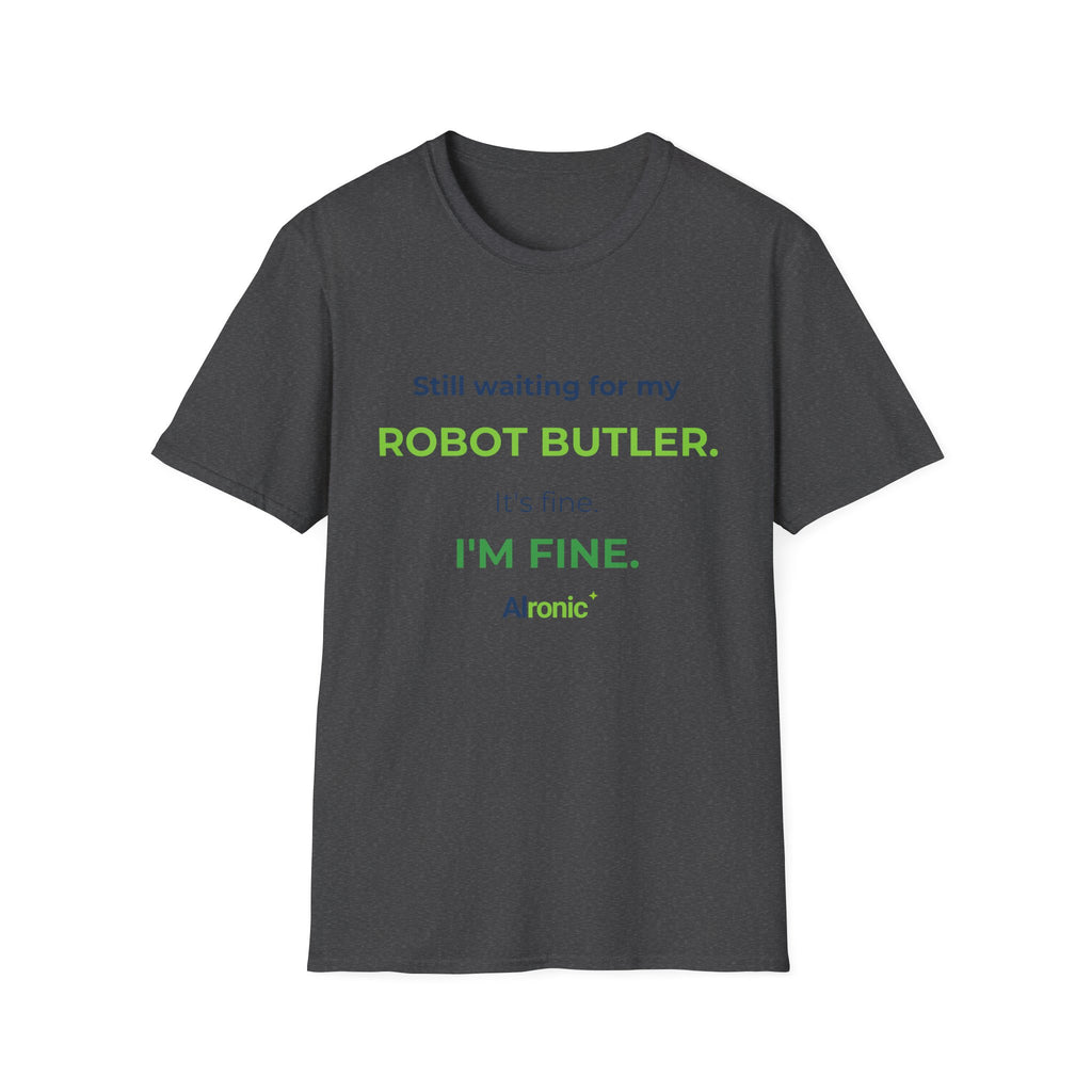Sport Grey T-shirt featuring “Still waiting for my robot butler” AI humor design by AIronic, catalog view 4