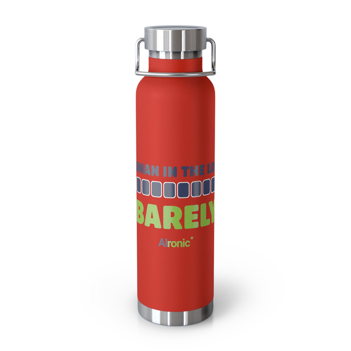 Red Water Bottle featuring "Human in the Loop. Barely." AI humor design by AIronic, gallery view 2