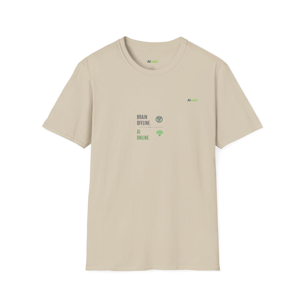 T-Shirt featuring "Brain Offline, AI Online" AI humor design by AIronic, gallery view 20