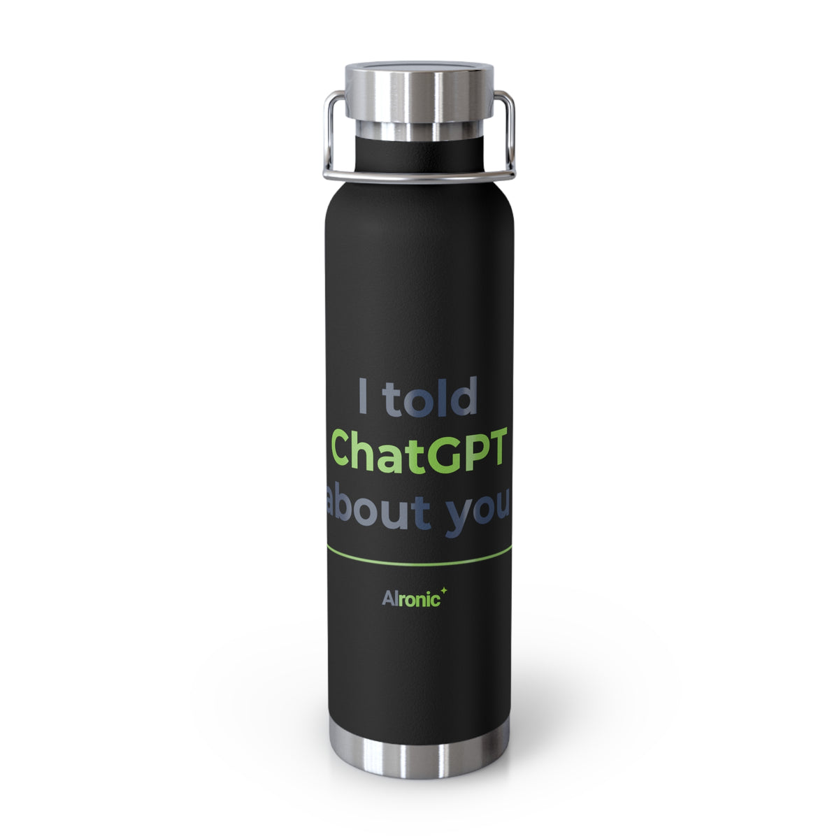 Black Water Bottle featuring "I Told ChatGPT About You" AI humor design by AIronic, gallery view 4