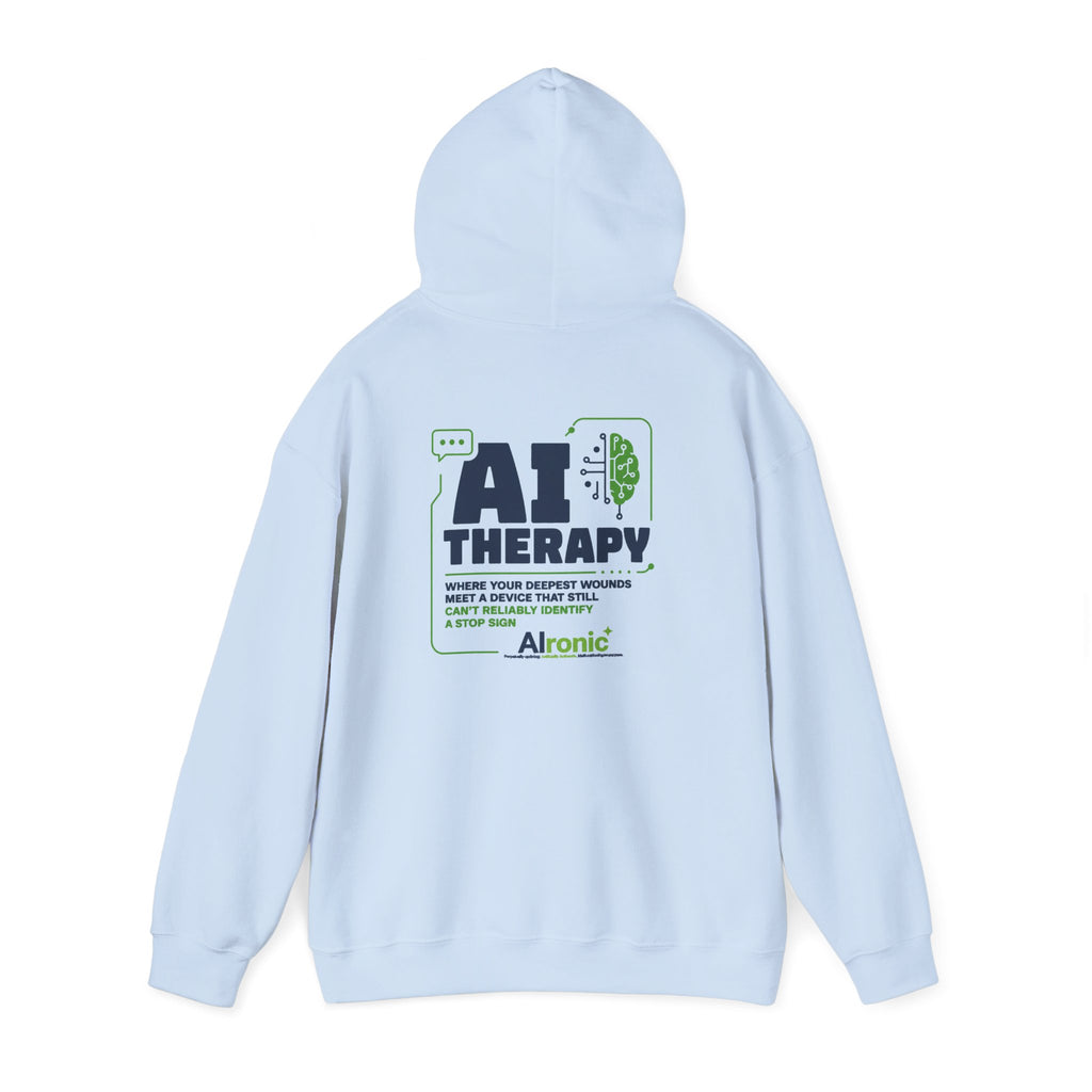 Hoodie featuring “AI Therapy” AI humor design by AIronic, gallery view 35