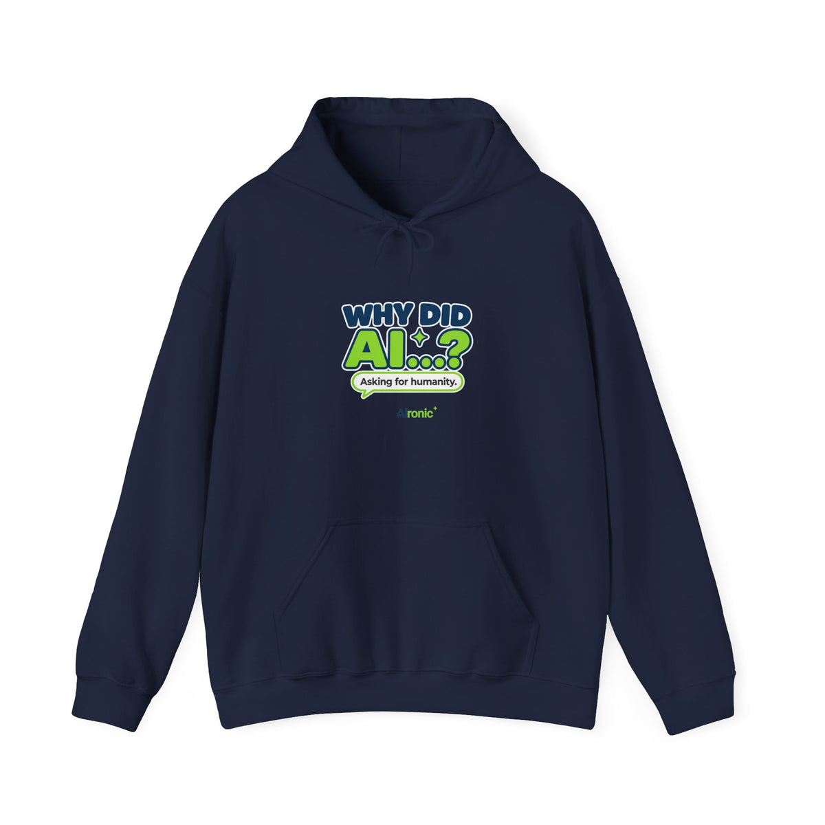 Navy hoodie featuring “Why did AI...?” AI humor design by AIronic, catalog view 1