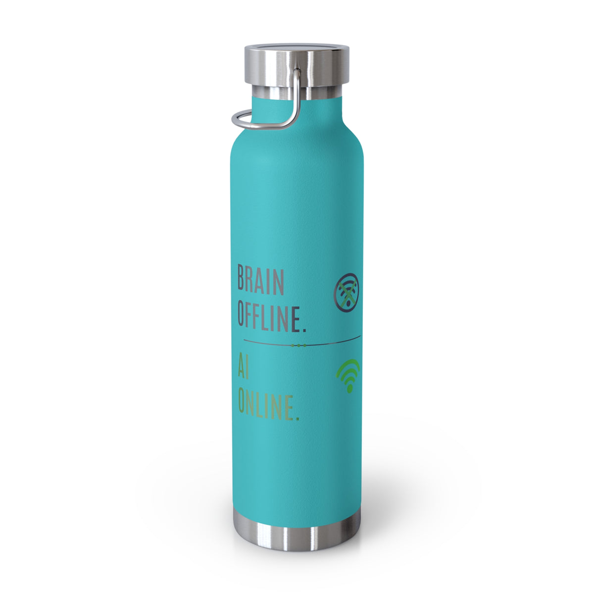 Mint Green Water Bottle featuring "Brain Offline, AI Online" AI humor design by AIronic, gallery view 6