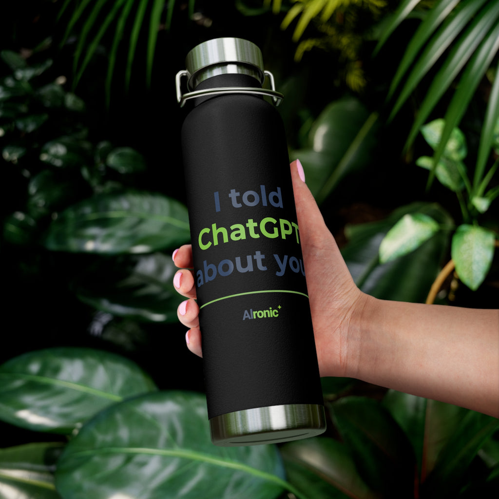 Water Bottle featuring "I Told ChatGPT About You" AI humor design by AIronic, gallery view 10