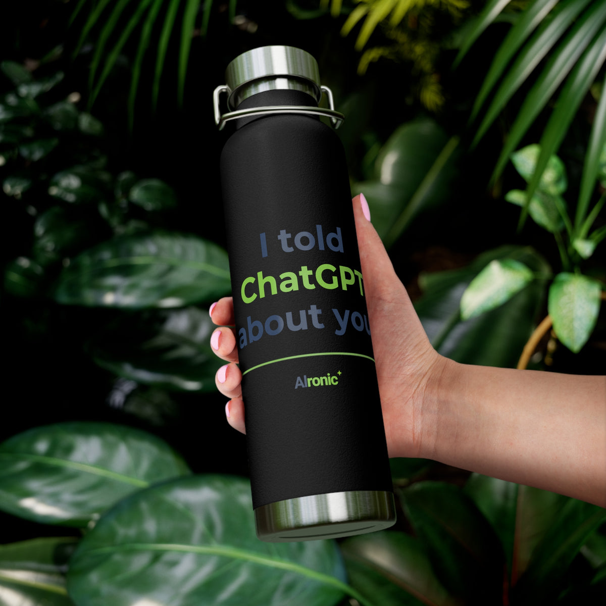 Water Bottle featuring "I Told ChatGPT About You" AI humor design by AIronic, gallery view 10