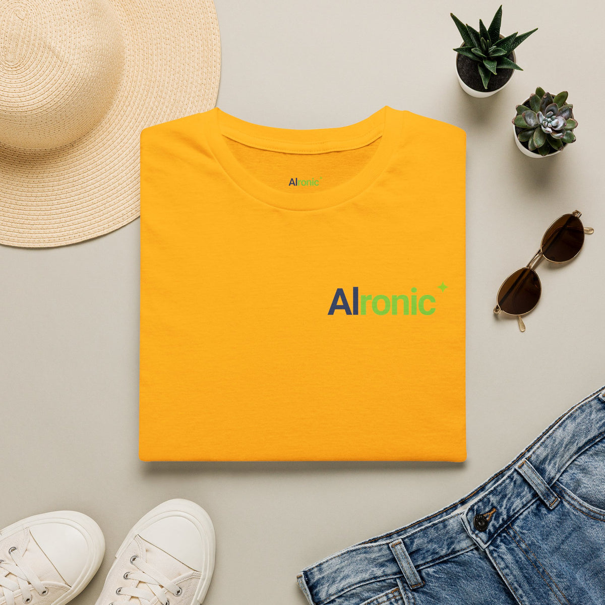 Gold T-Shirt featuring "AIronic Logo with AIron" AI humor design by AIronic, gallery view 5