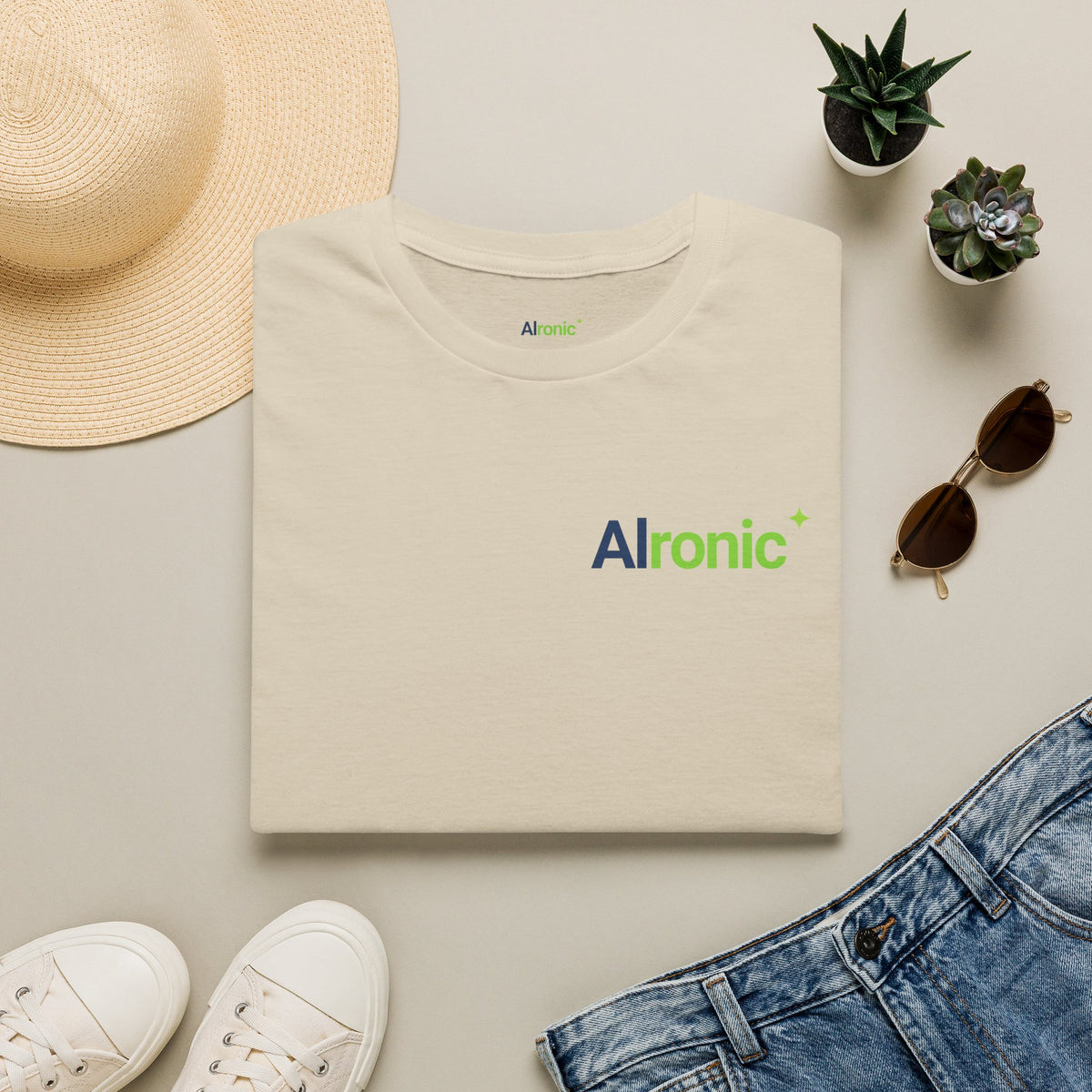Sand T-Shirt featuring "AIronic Logo with AIron" AI humor design by AIronic, gallery view 3