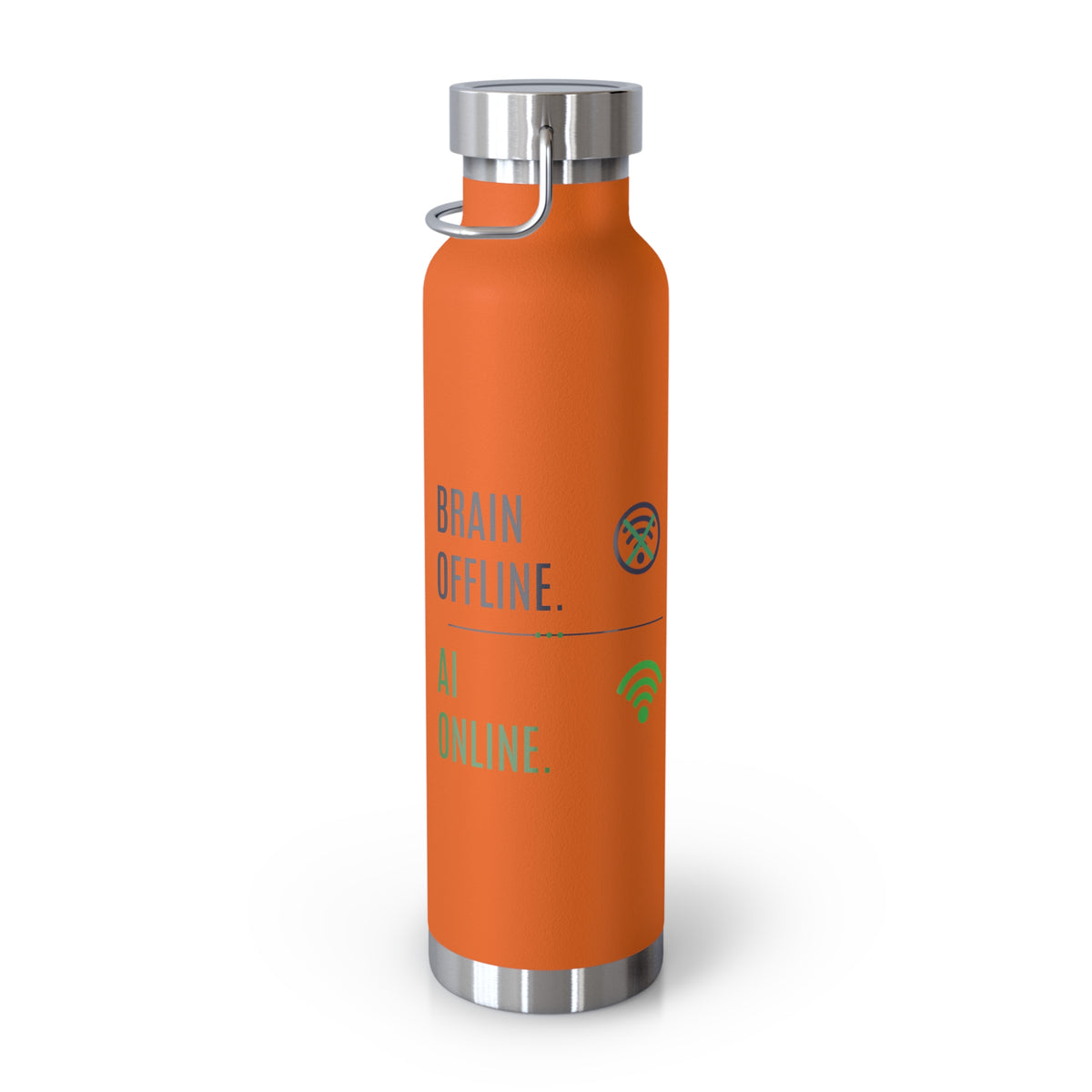 Orange Water Bottle featuring "Brain Offline, AI Online" AI humor design by AIronic, gallery view 5