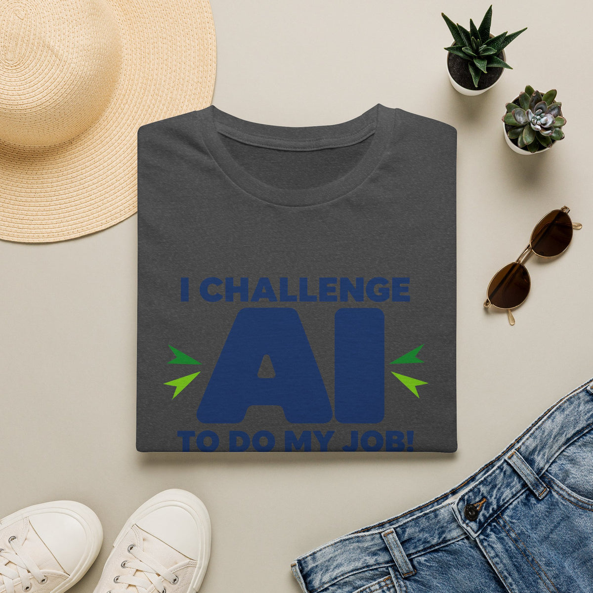Dark Heather T-shirt featuring "I Challenge AI to Do My Job" by AIronic, product view 7
