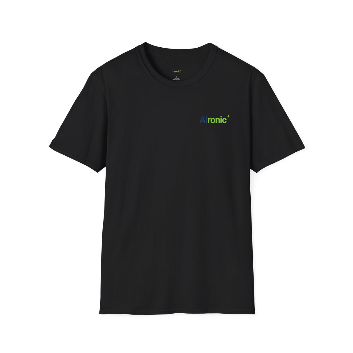 Black T-Shirt featuring "AIronic Minimal Logo Casual" AI humor design by AIronic, gallery view 2