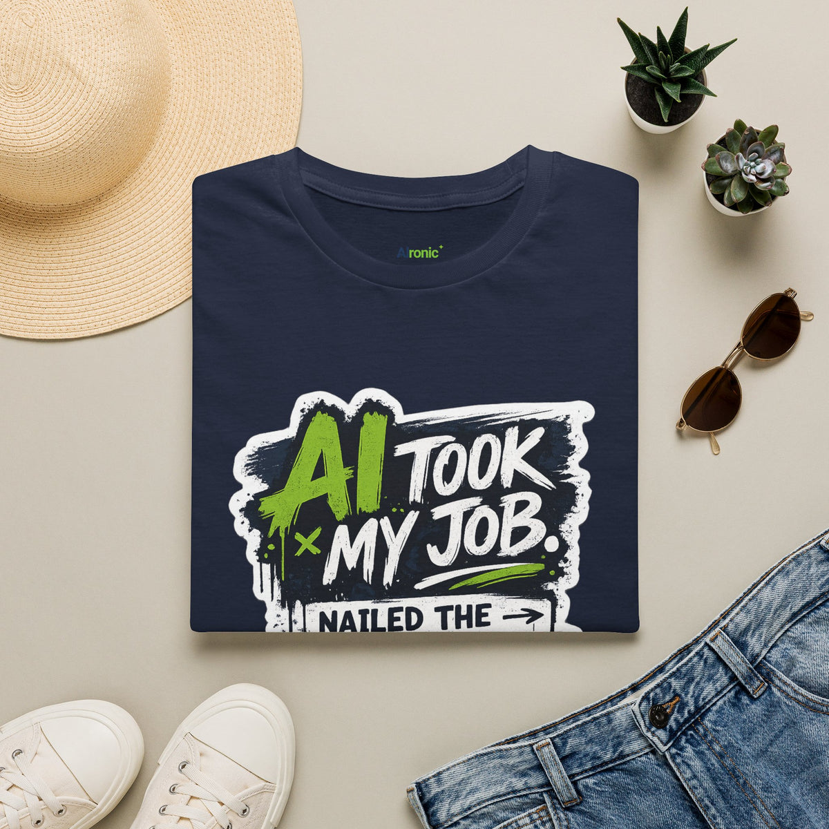 Navy T-Shirt featuring "AI Took My Job - Nailed Exit Interview" AI humor design by AIronic, gallery view 9