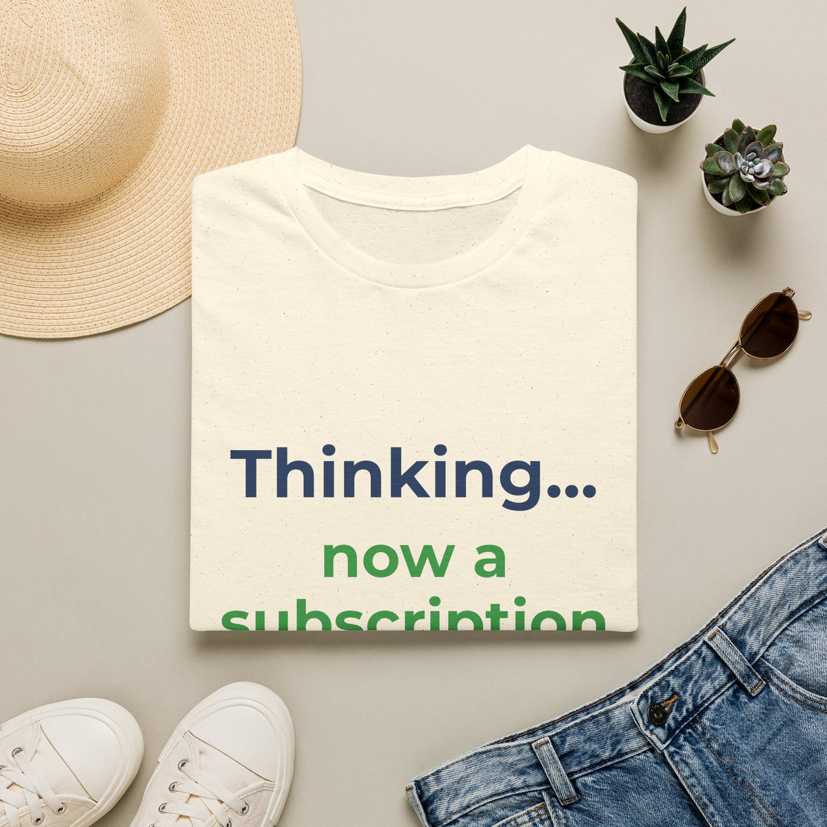 Natural T-shirt featuring “Thinking... now a subscription” AI humor design by AIronic, catalog view 1