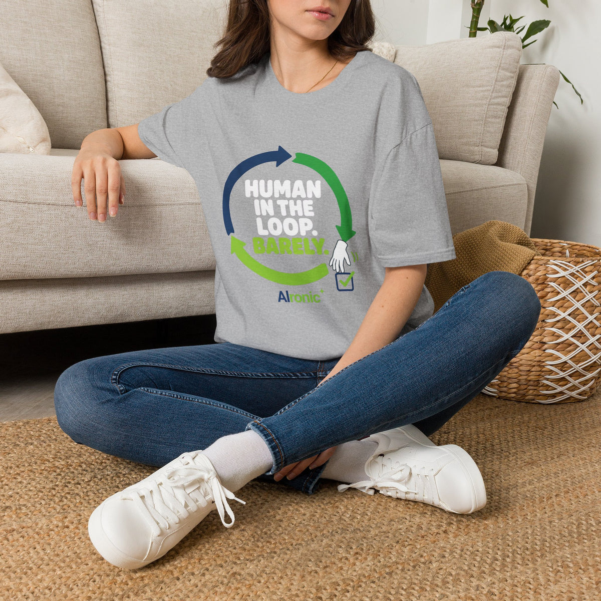 Sport Grey T-Shirt featuring "Human in the Loop. Barely." AI humor design by AIronic, gallery view 5