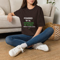 Dark Chocolate T-Shirt featuring "T-Shirt — "Powered by AI. Controlled by Yelli…" AI humor design by AIronic, gallery view 4
