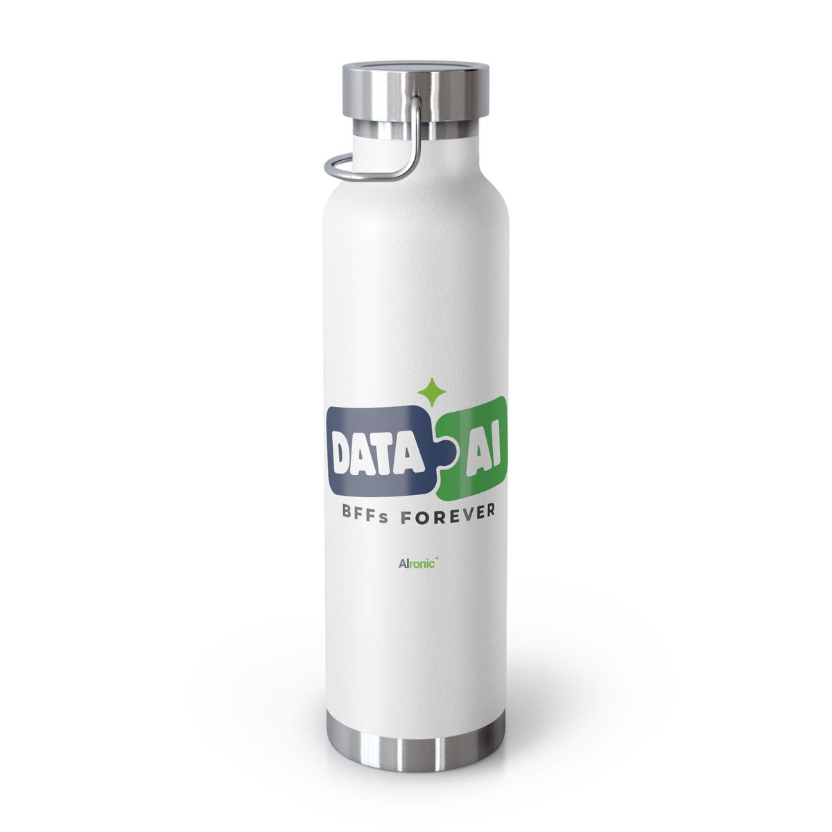 AIronic Water Bottle featuring "Data + AI BFFs Forever" AI humor design, gallery view 1