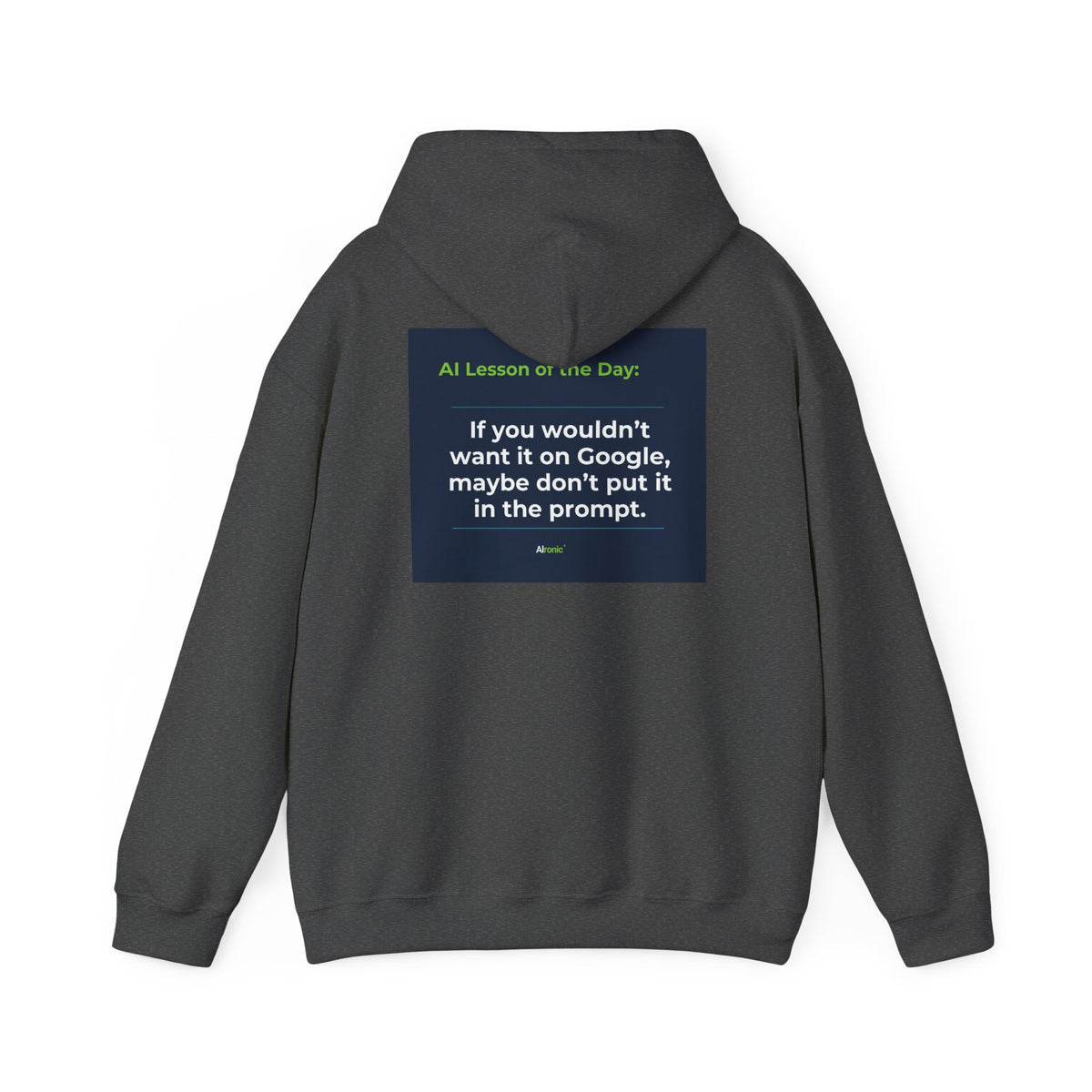 Hoodie featuring "Google Prompt Privacy" AI humor design by AIronic, gallery view 27