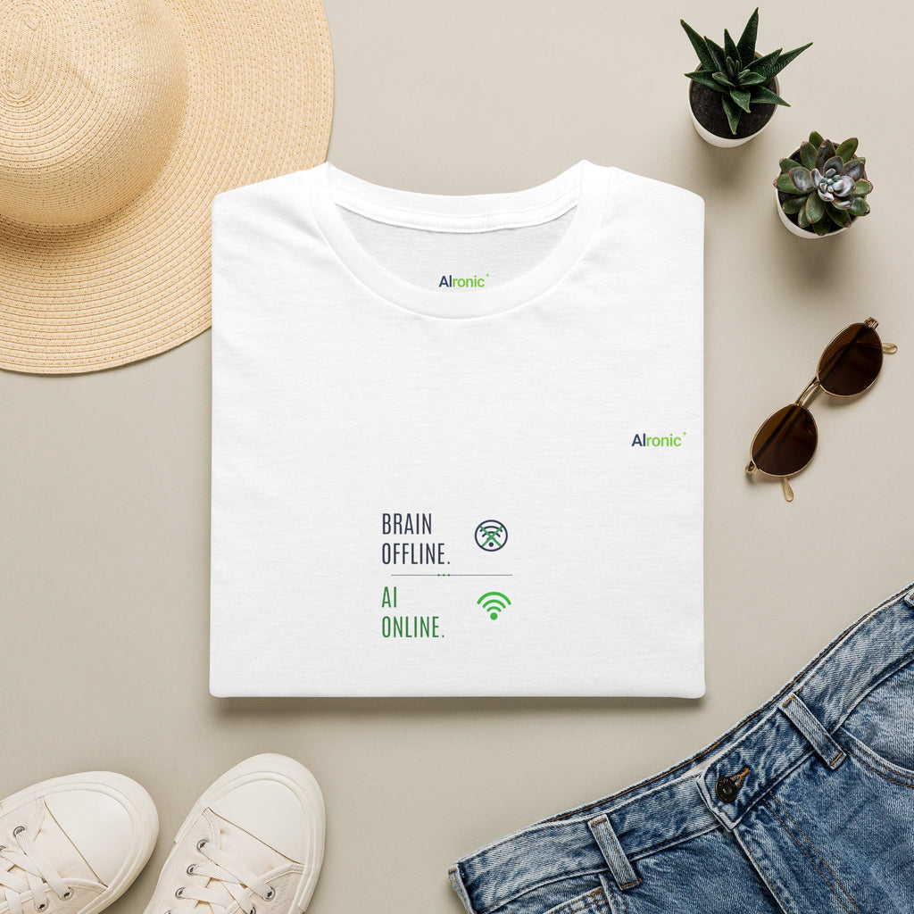 T-Shirt featuring "Brain Offline, AI Online" AI humor design by AIronic, gallery view 13