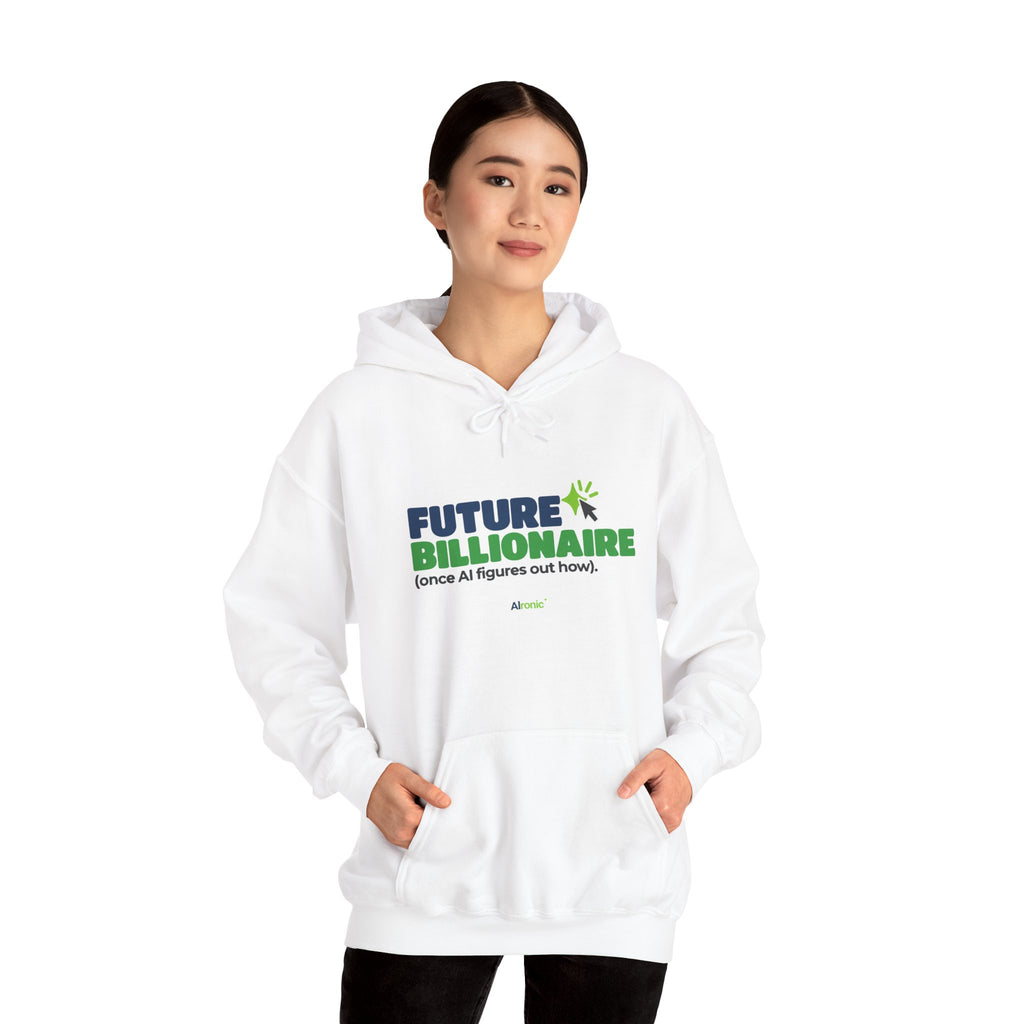 Sand hoodie featuring “Future billionaire, once AI figures out how” AI humor design by AIronic, catalog view 2