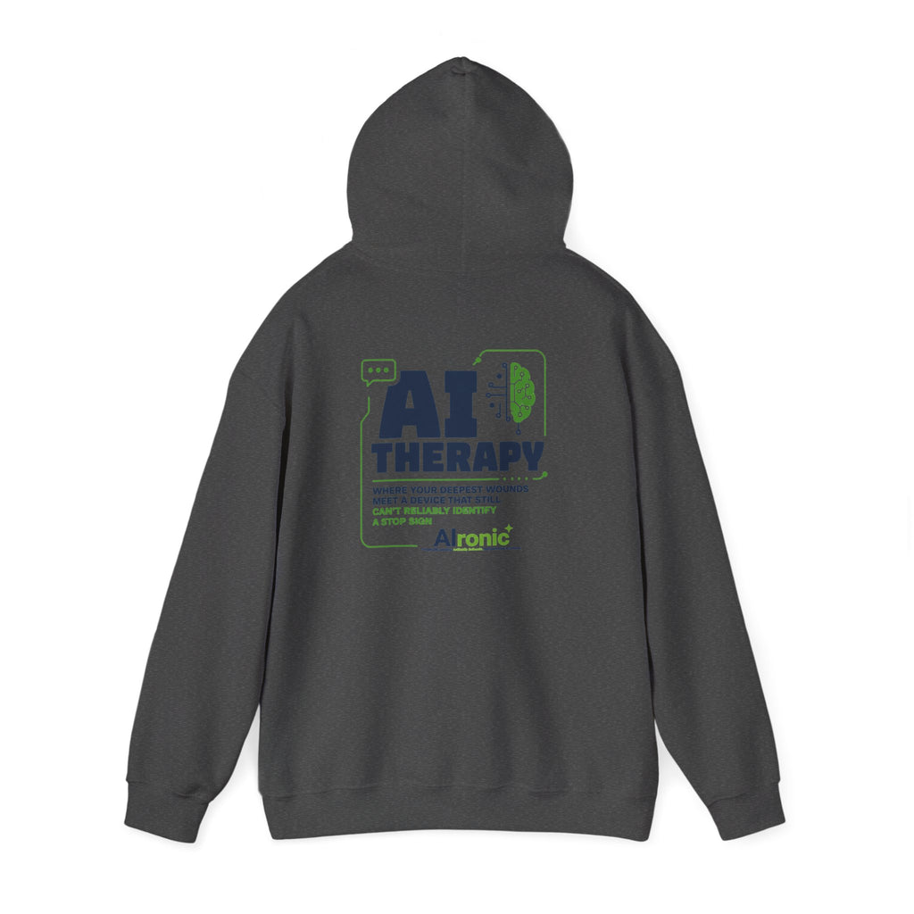 Hoodie featuring “AI Therapy” AI humor design by AIronic, gallery view 32