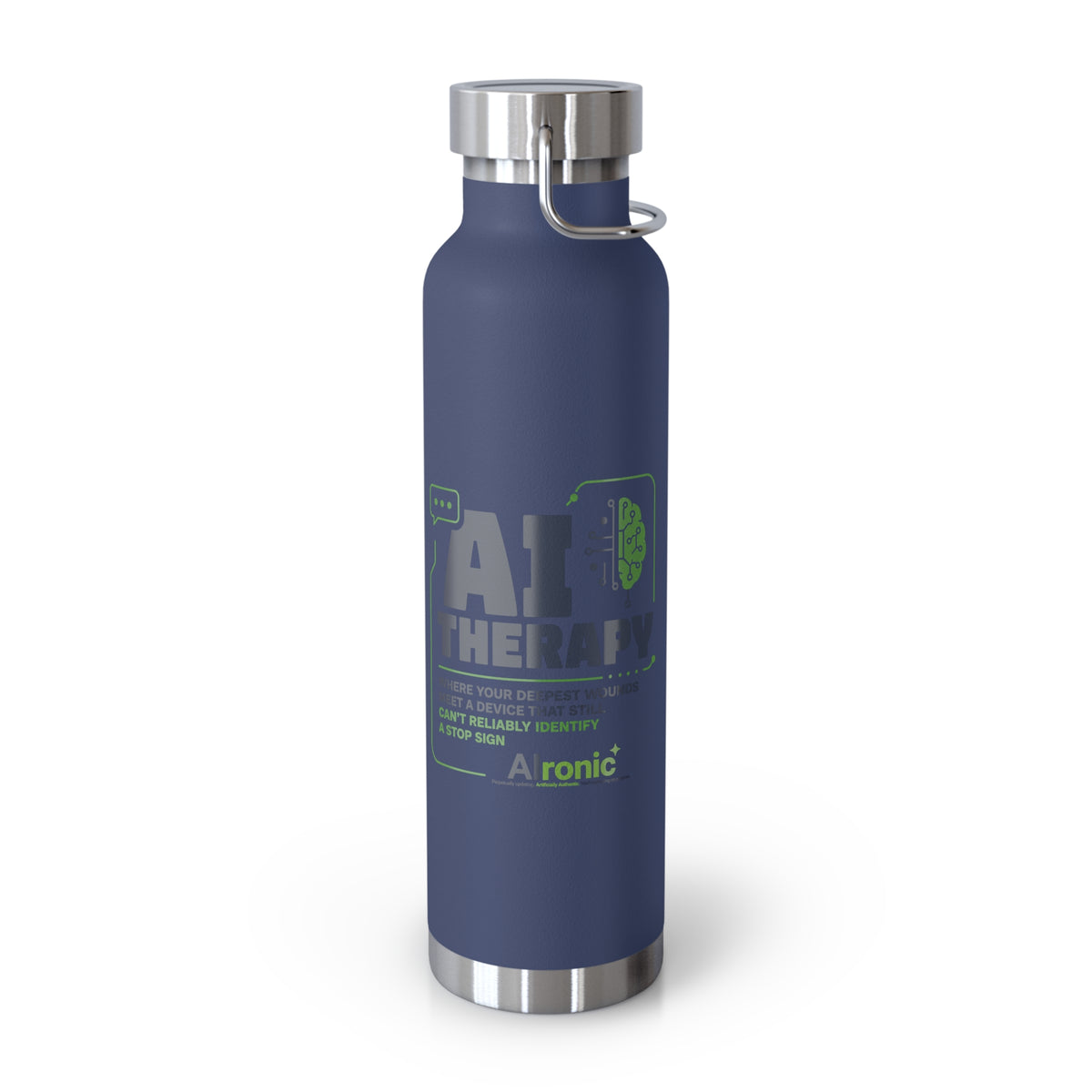 Navy Water Bottle featuring "AI Therapy" AI humor design by AIronic, gallery view 8