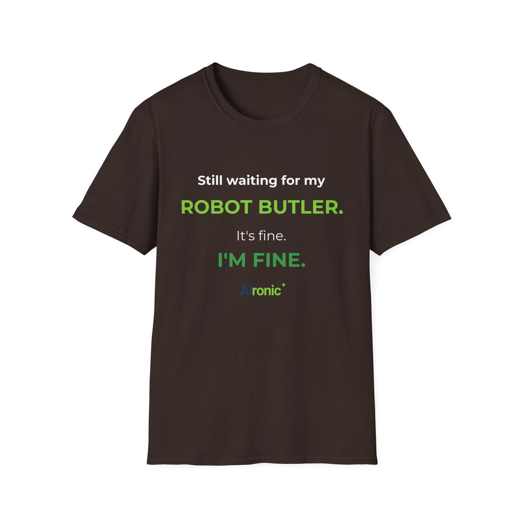 Black T-shirt featuring “Still waiting for my robot butler” AI humor design by AIronic, catalog view 3