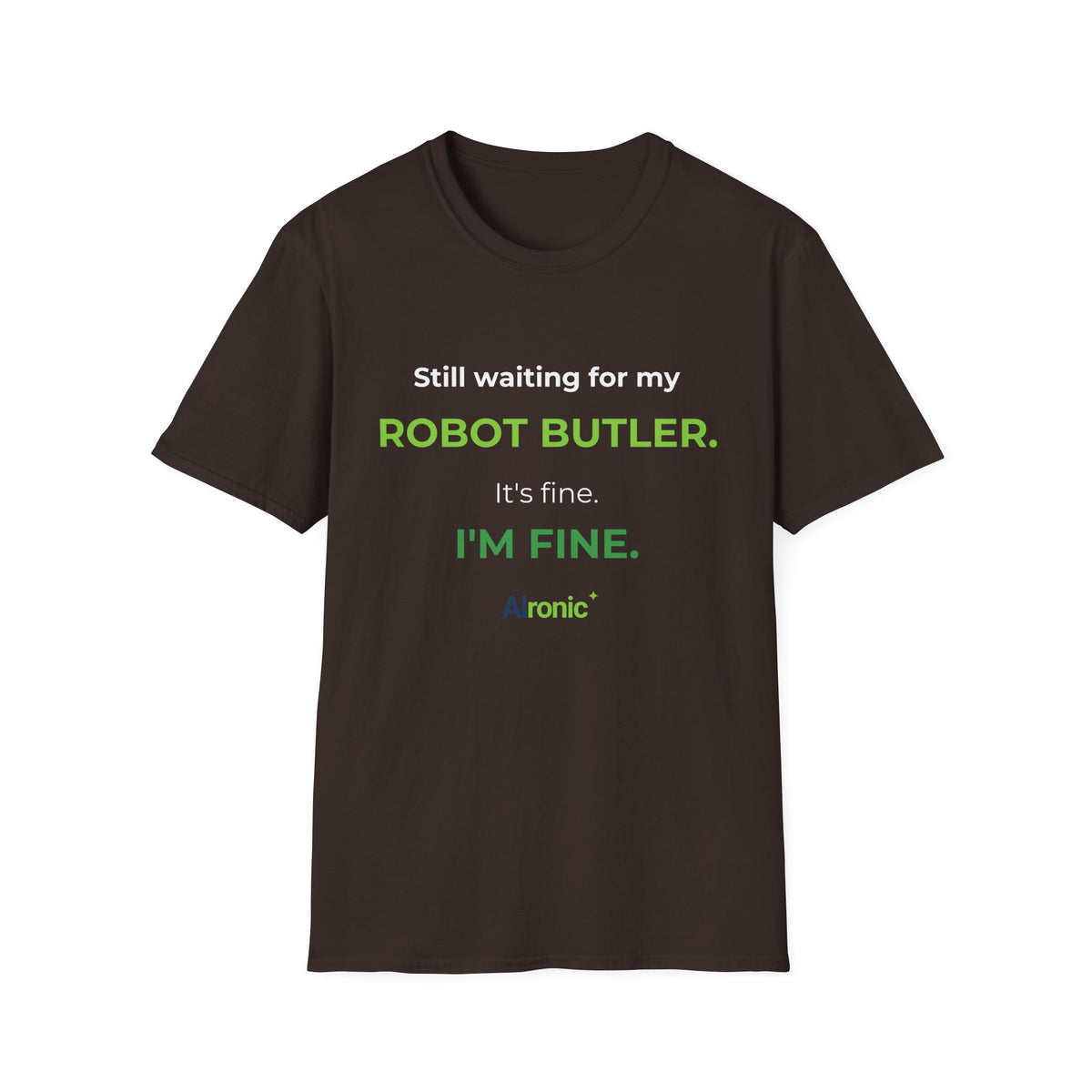 Black T-shirt featuring “Still waiting for my robot butler” AI humor design by AIronic, catalog view 3
