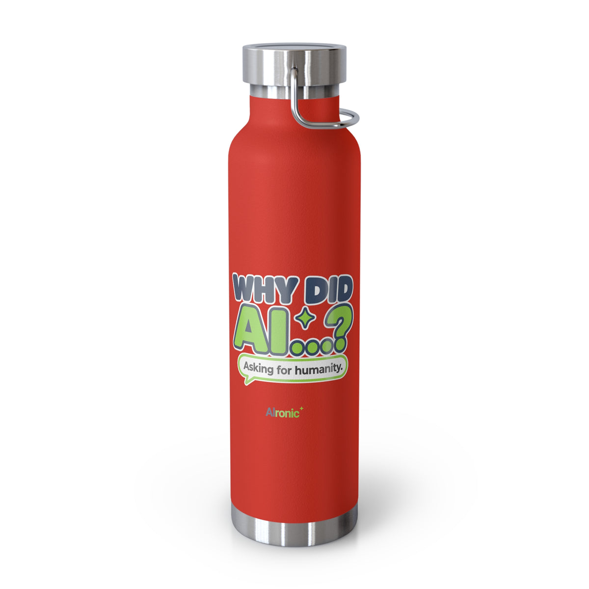 Black water bottle featuring “Why did AI...?” AI humor design by AIronic, catalog view 2