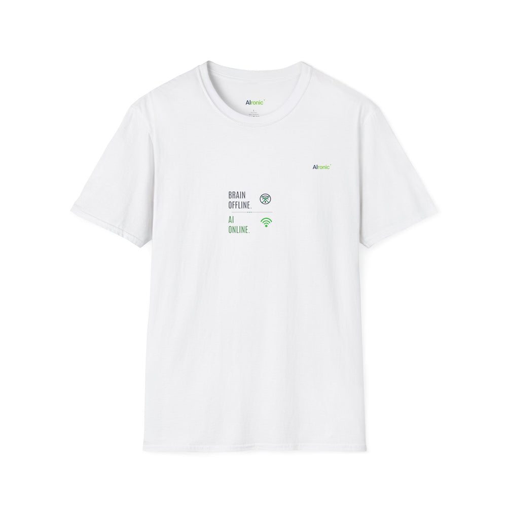 White T-Shirt featuring "Brain Offline, AI Online" AI humor design by AIronic, gallery view 1