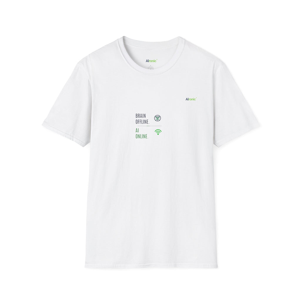 White T-Shirt featuring "Brain Offline, AI Online" AI humor design by AIronic, gallery view 1