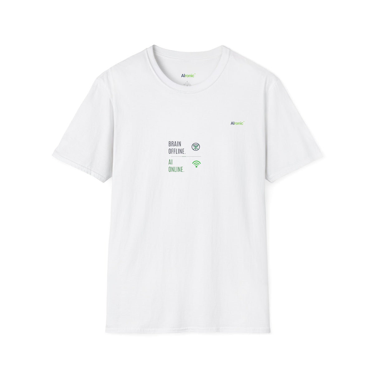 White T-Shirt featuring "Brain Offline, AI Online" AI humor design by AIronic, gallery view 1