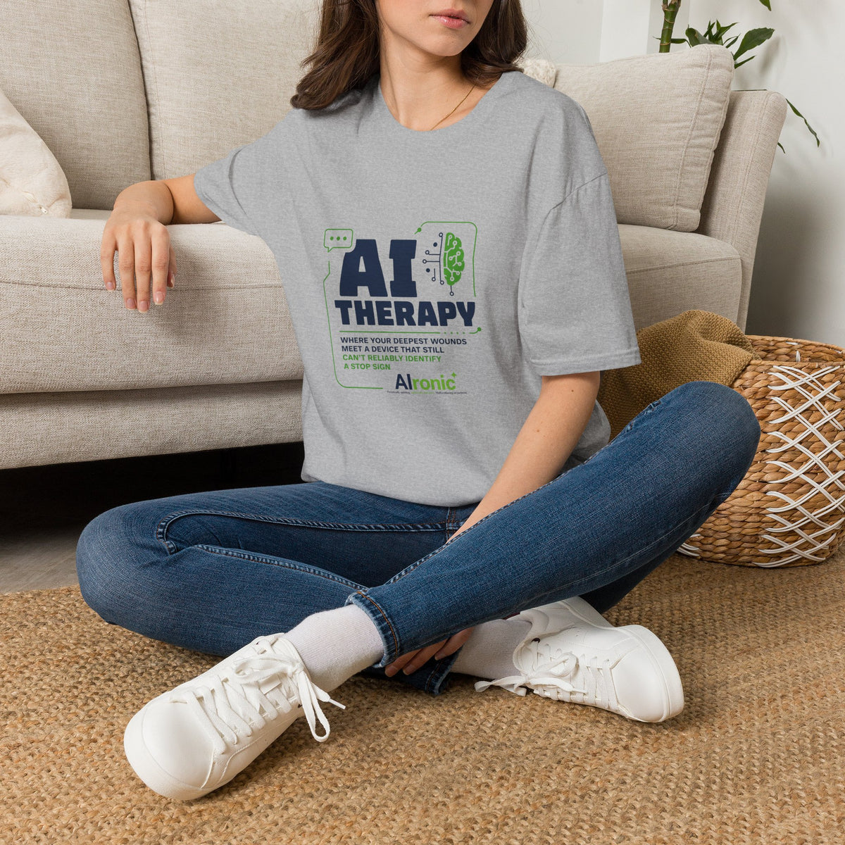 T-Shirt featuring "AI Therapy" AI humor design by AIronic, gallery view 22