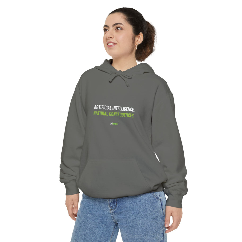 Pepper hoodie featuring “Artificial intelligence. Natural consequences.” AI humor design by AIronic, catalog view 3