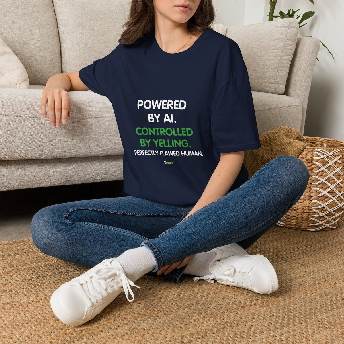 Navy T-Shirt featuring "T-Shirt — "Powered by AI. Controlled by Yelling." Grap…" AI humor design by AIronic, gallery view 10