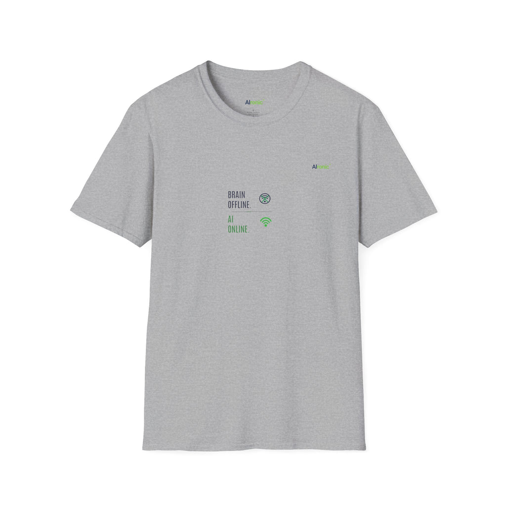 T-Shirt featuring "Brain Offline, AI Online" AI humor design by AIronic, gallery view 23