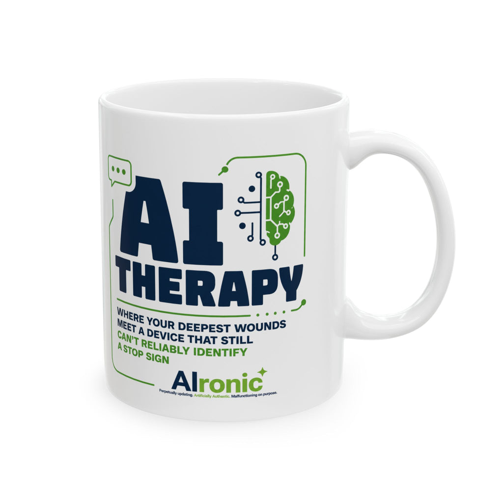 Mug featuring "AI Therapy" AI humor design by AIronic, gallery view 5
