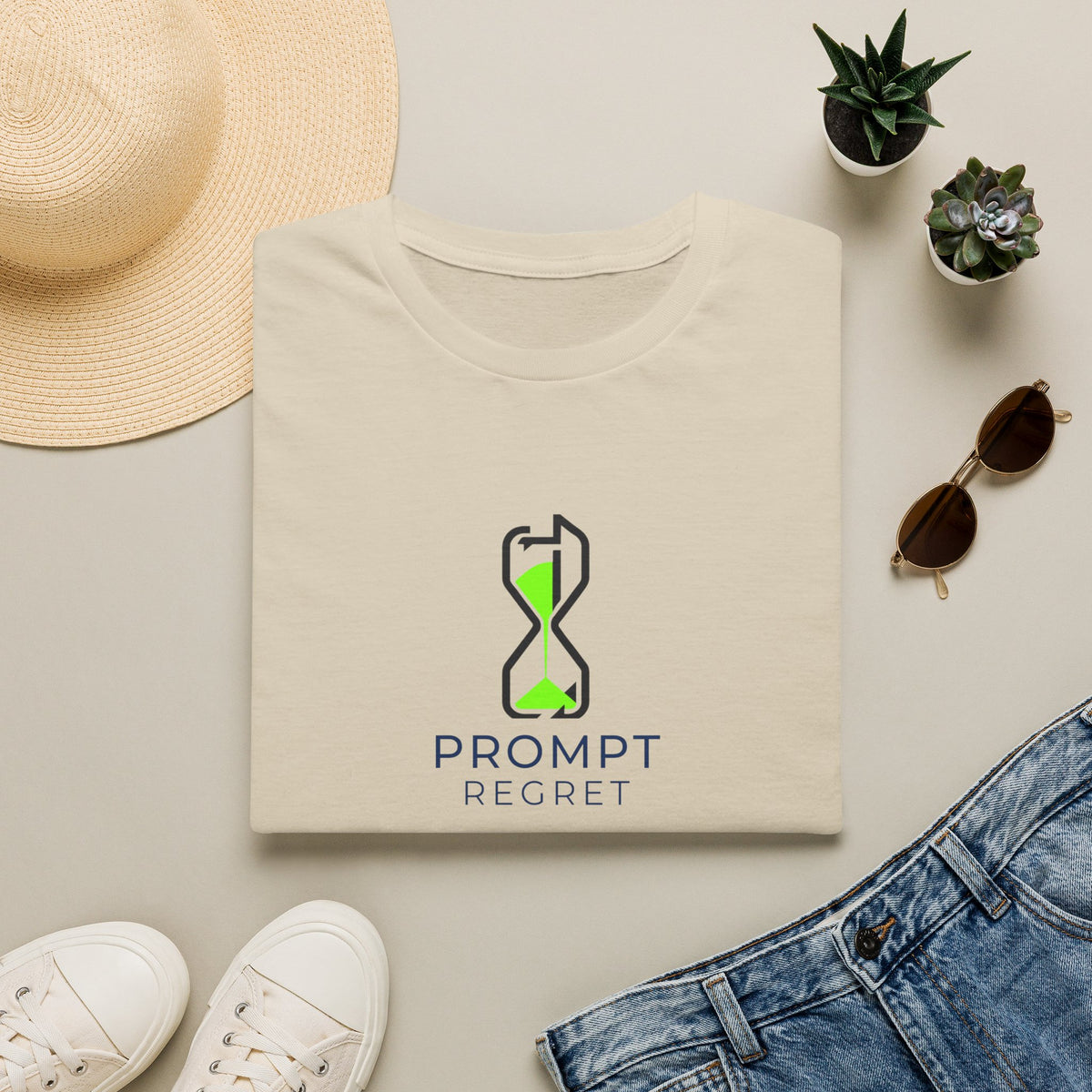 Sand T-Shirt featuring "Prompt Regret Hourglass" AI humor design by AIronic, gallery view 3
