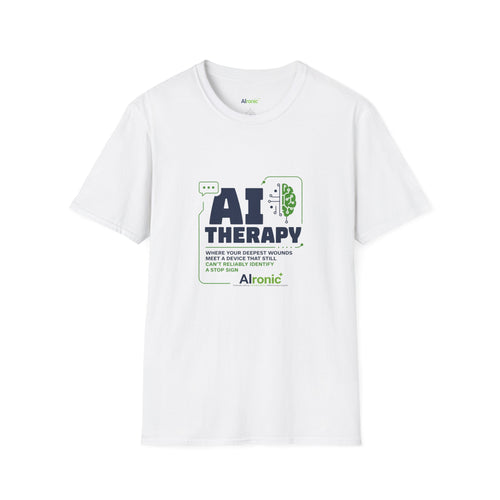 White T-Shirt featuring "AI Therapy" AI humor design by AIronic, gallery view 1