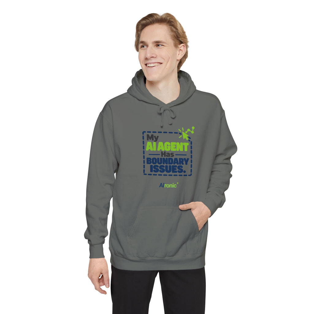 Pepper hoodie featuring “My AI agent has boundary issues” AI humor design by AIronic, catalog view 3