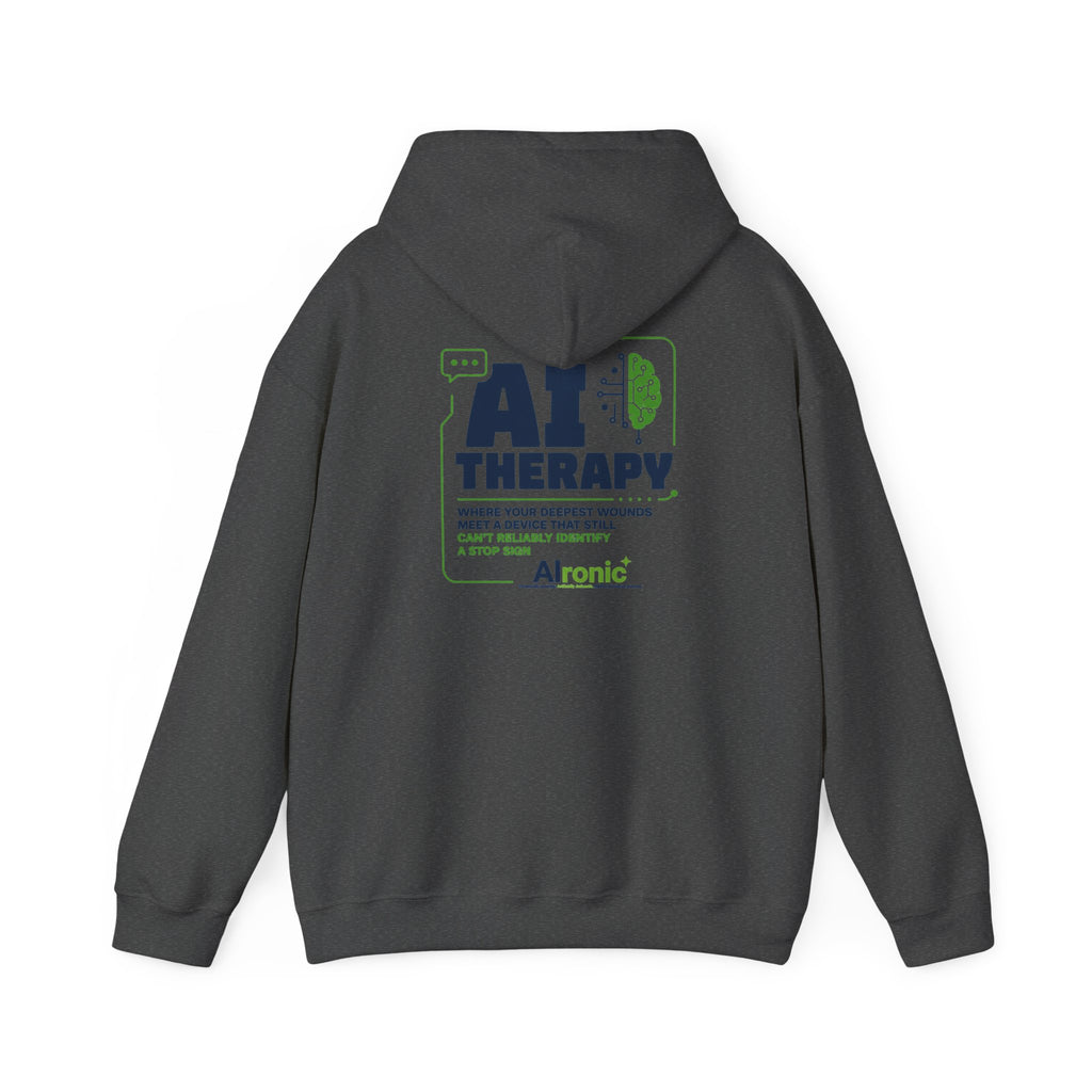 Hoodie featuring “AI Therapy” AI humor design by AIronic, gallery view 31