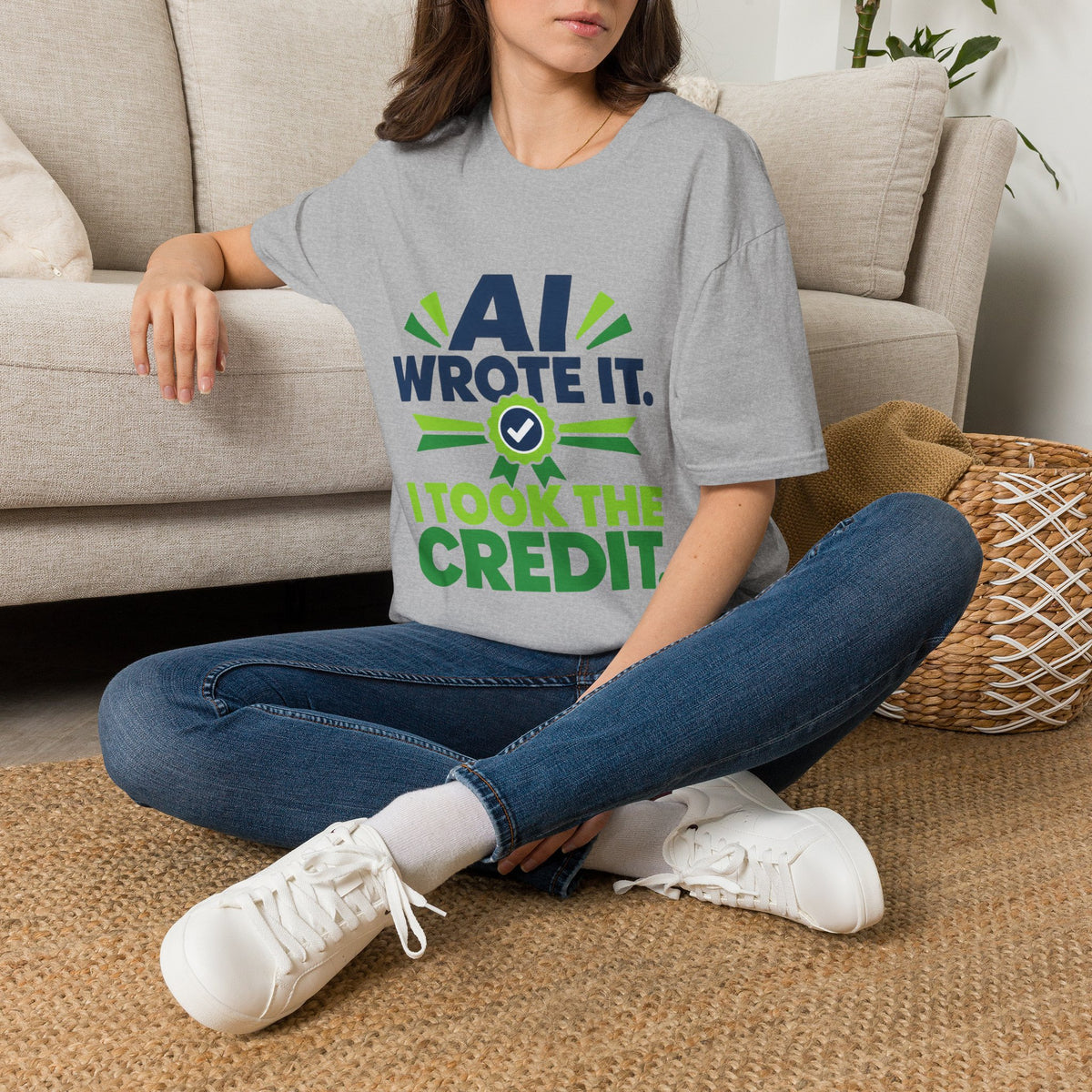 T-Shirt featuring "AI Wrote It. I Took the Credit." AI humor design by AIronic, gallery view 17