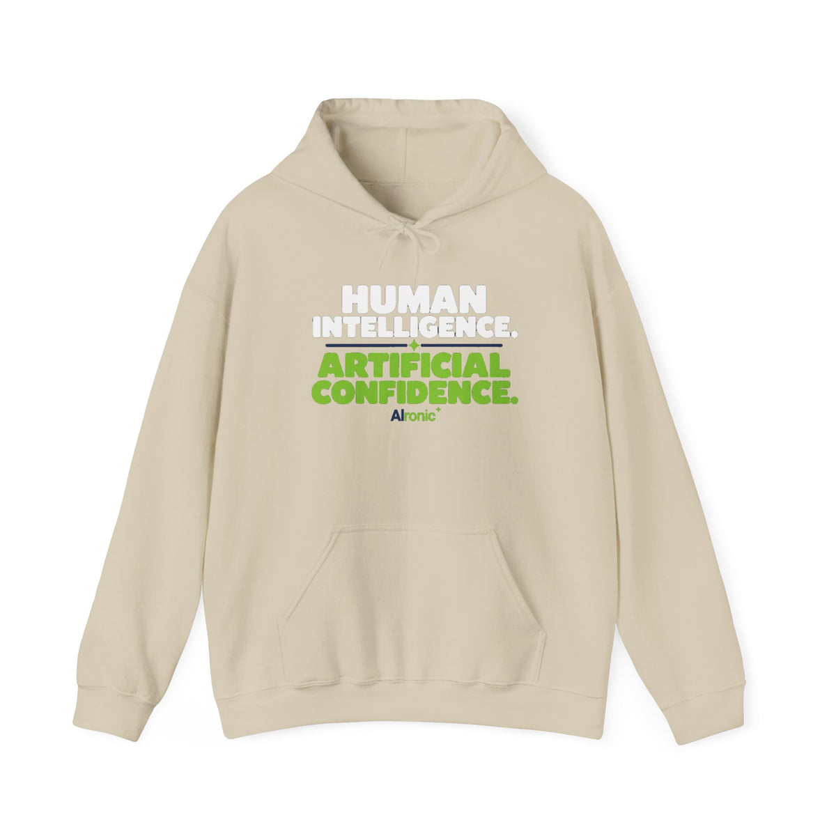 Sand Hoodie featuring "Human Intelligence. Artificial Confidence." AI humor design by AIronic, gallery view 3