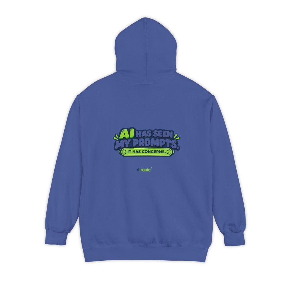 Denim hoodie featuring “AI has seen my prompts. It has concerns” AI humor design by AIronic, catalog view 3
