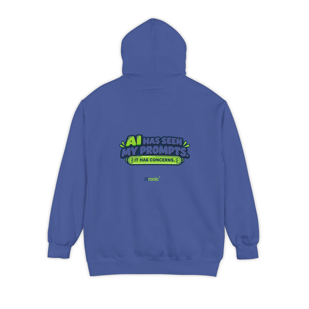 Denim hoodie featuring “AI has seen my prompts. It has concerns” AI humor design by AIronic, catalog view 3