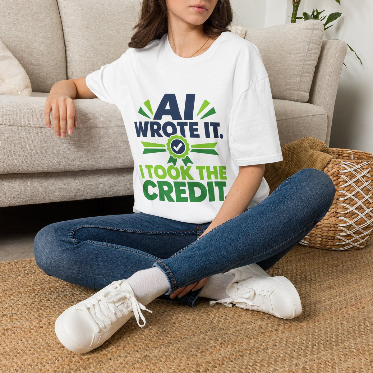 T-Shirt featuring "AI Wrote It. I Took the Credit." AI humor design by AIronic, gallery view 12
