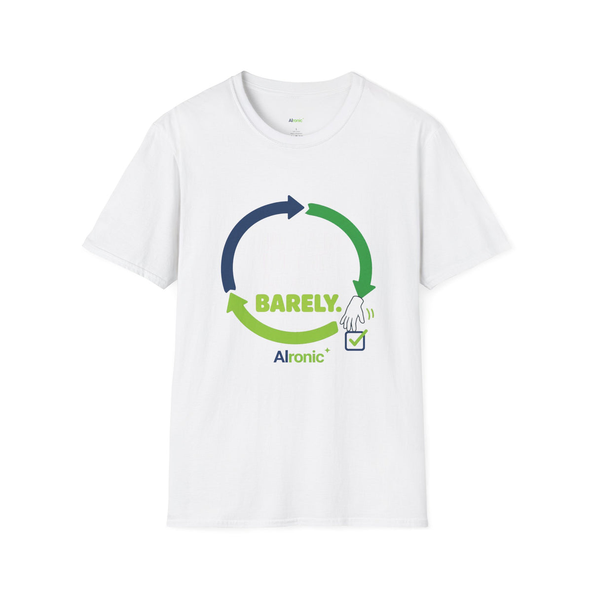 T-Shirt featuring "Human in the Loop. Barely." AI humor design by AIronic, gallery view 14