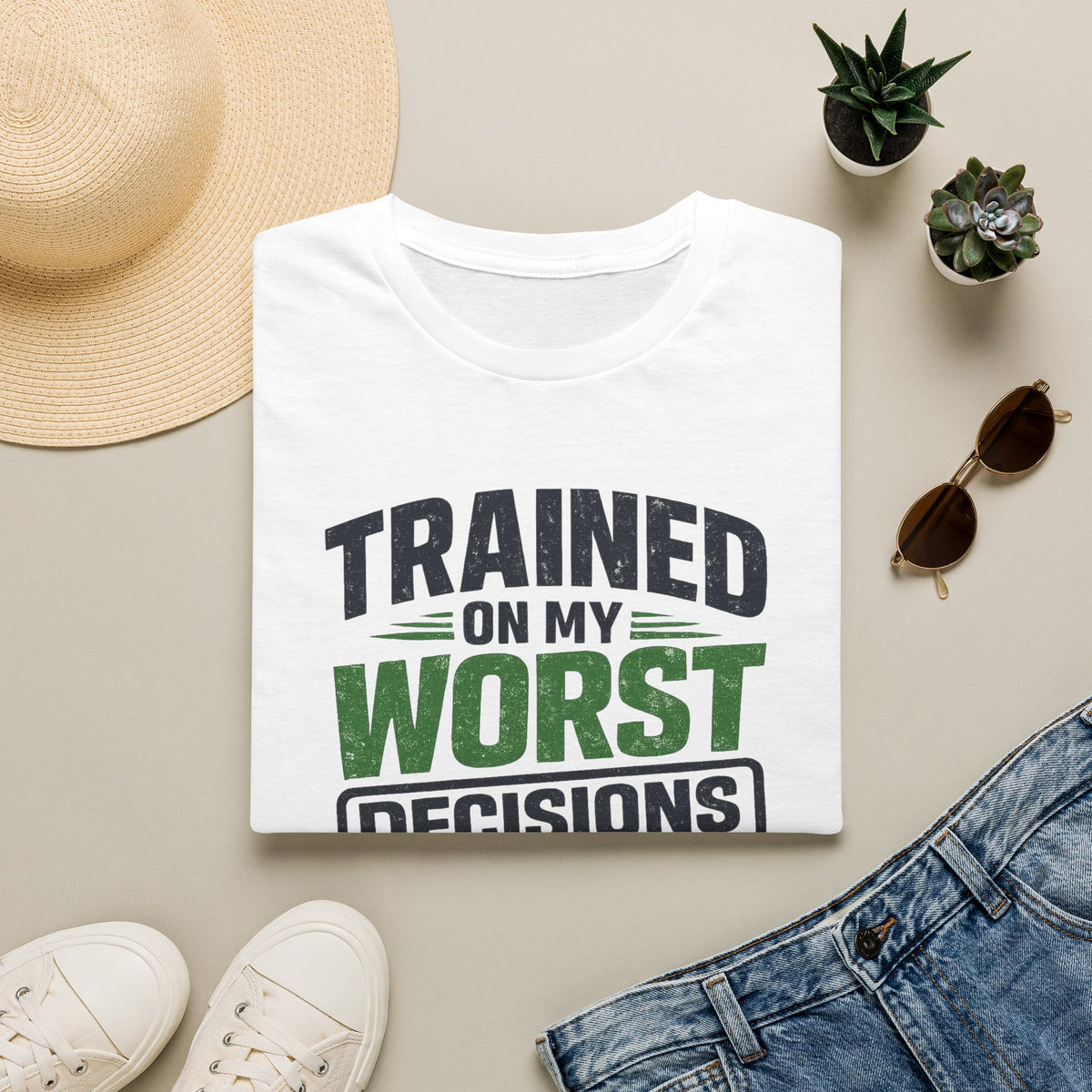 T-Shirt featuring "Trained on My Worst Decisions Fitness" AI humor design by AIronic, gallery view 13